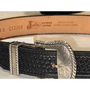 Justin Bronco Blk Top Grain Leather Basketweave Western Belt 32 C12263 USA Made